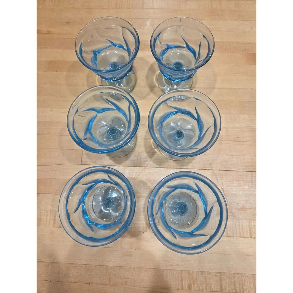 Vintage Ice Blue Swirl Glass Sherbet Footed Sundae Dishes Set of 6